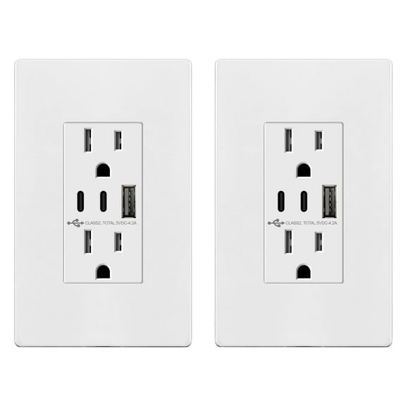TOPGREENER 4.2A 3-Port Type C USB Outlet, 15 Amp Receptacle Plug, Charging Power Outlet with Dual Type C&A Ports, Screwless Wall Plate Included, UL Listed, TU21542AC2-WSID, White, 2 Pack