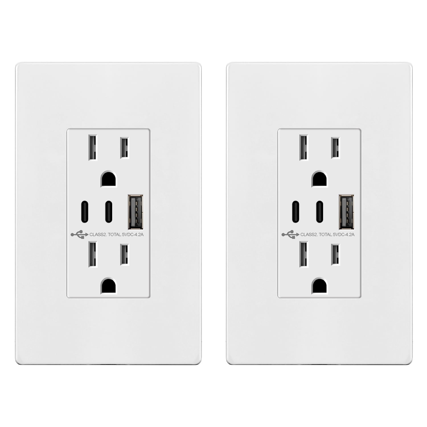 TOPGREENER 4.2A 3-Port Type C USB Outlet, 15 Amp Receptacle Plug, Charging Power Outlet with Dual Type C&A Ports, Screwless Wall Plate Included, UL Listed, TU21542AC2-WSID, White, 2 Pack