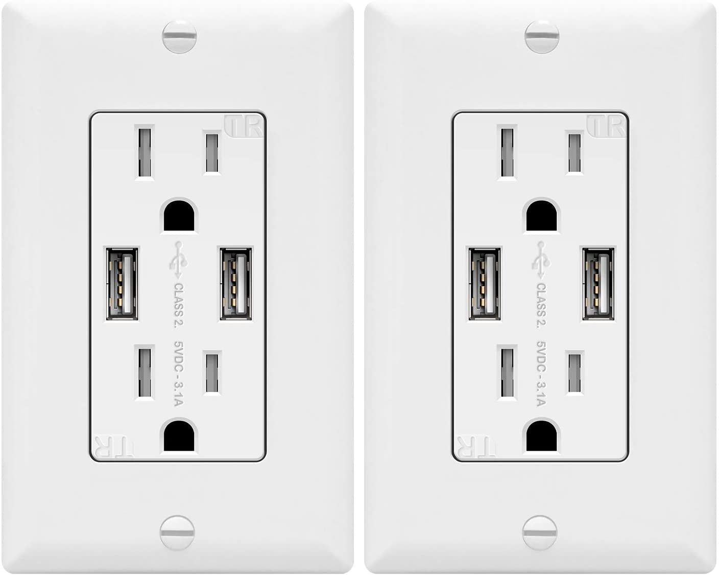 TOPGREENER 3.1A USB Wall Outlet Charger, 15A Decorator Tamper-Resistant Receptacles, Charging Power Socket with USB Ports, White, 2 Pack