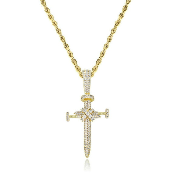 TOPGRILLZ Hip Hop 14K Yellow Gold Cross Pendant Necklace Micro Pave AAA+ Cubic Zirconia Pendant With Tennis Chain Punk Fashion Jewelry For Gift