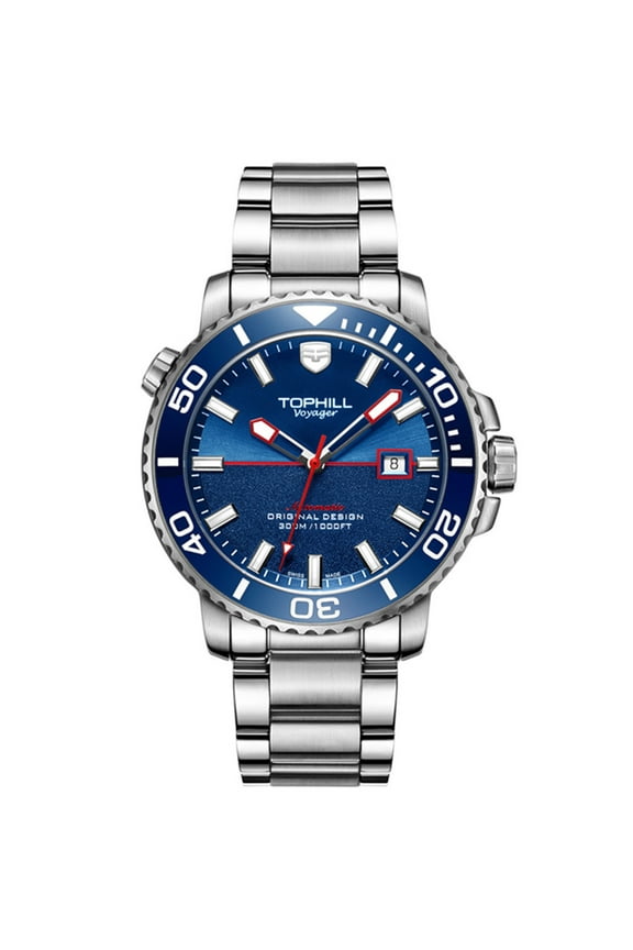 TOPHILL Men Calendar Vintage Swiss Analog Automatic Self-Winding Mechanical Movement Wrist Watch Steel Leather Band Sapphire Crystal Waterproof Luminous Business Clock