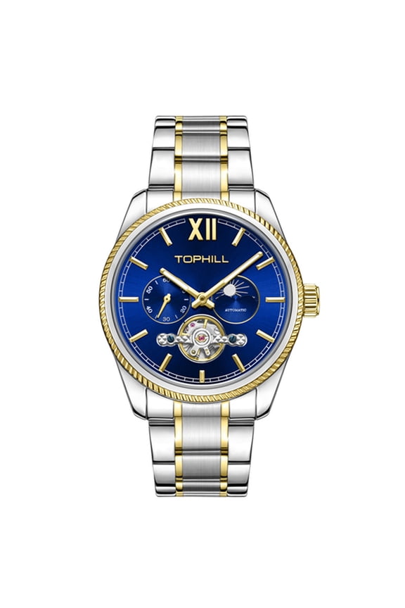 TOPHILL Skeleton Automatic Self-Winding Multifunctional Vintage Men Mechanical Business Wrist Watch Steel Sapphire Crystal Waterproof Clock Luminous Moon Phase