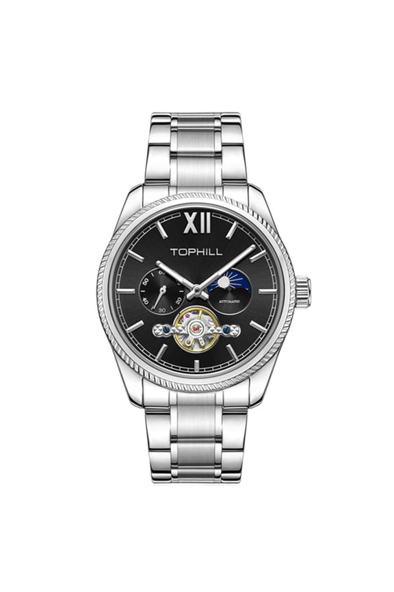 TOPHILL Skeleton Automatic Self-Winding Multifunctional Vintage Men Mechanical Business Wrist Watch Steel Sapphire Crystal Waterproof Clock Luminous Moon Phase