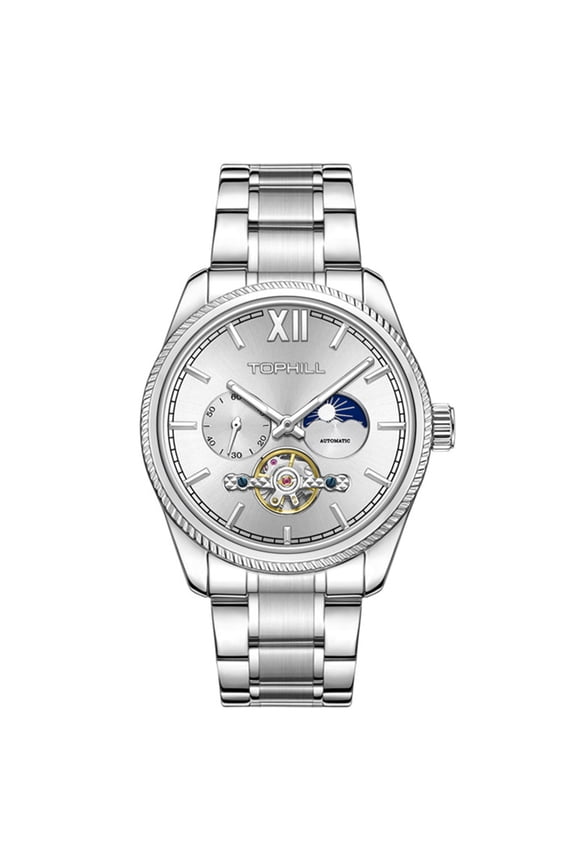 TOPHILL Skeleton Automatic Self-Winding Multifunctional Vintage Men Mechanical Business Wrist Watch Steel Sapphire Crystal Waterproof Clock Luminous Moon Phase