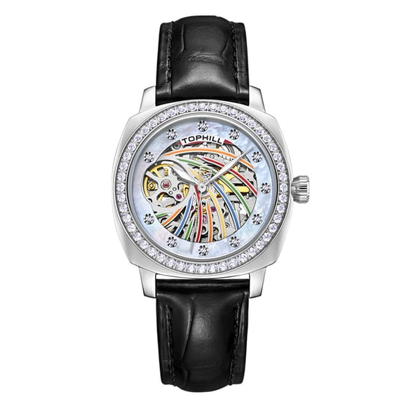 TOPHILL Skeleton Diamond Dial Japanese Automatic Self-Winding Movement Vintage Women Mechanical Business Wrist Watch Steel Genuine Leather Sapphire Crystal Waterproof Clock Luminous