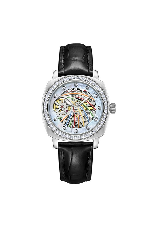 TOPHILL Skeleton Diamond Dial Japanese Automatic Self-Winding Movement Vintage Women Mechanical Business Wrist Watch Steel Genuine Leather Sapphire Crystal Waterproof Clock Luminous