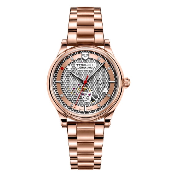 TOPHILL Skeleton Diamond Dial Japanese Automatic Self-Winding Movement Vintage Women Mechanical Business Wrist Watch Steel Leather Sapphire Crystal Waterproof Clock Luminous