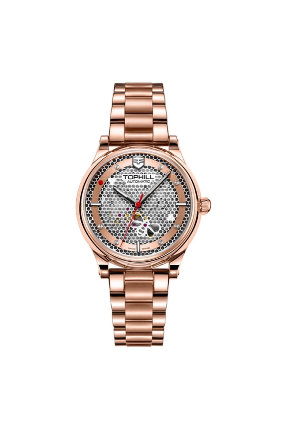 TOPHILL Skeleton Diamond Dial Japanese Automatic Self-Winding Movement Vintage Women Mechanical Business Wrist Watch Steel Leather Sapphire Crystal Waterproof Clock Luminous