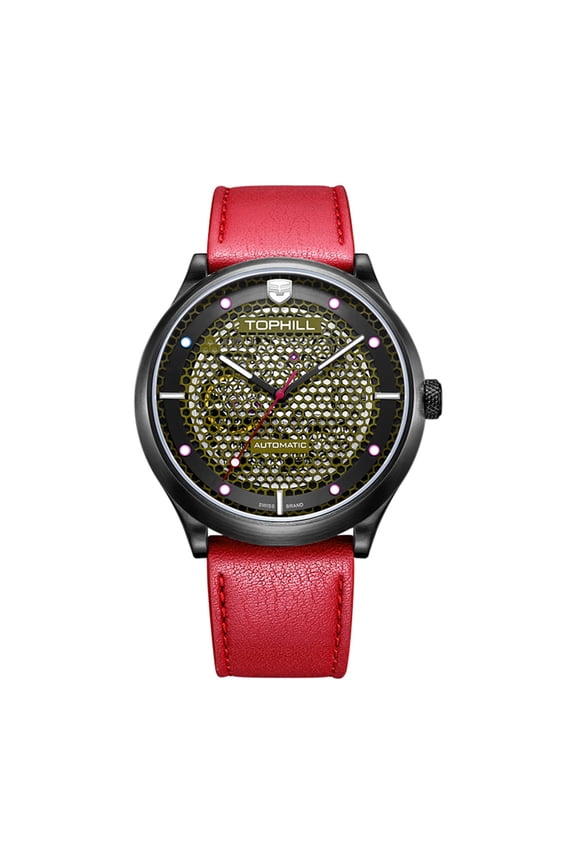 TOPHILL Skeleton Japanese Automatic Self-Winding Movement Vintage Men Mechanical Business Wrist Watch Steel Genuine Leather Band Sapphire Crystal Waterproof Hollow Clock Luminous