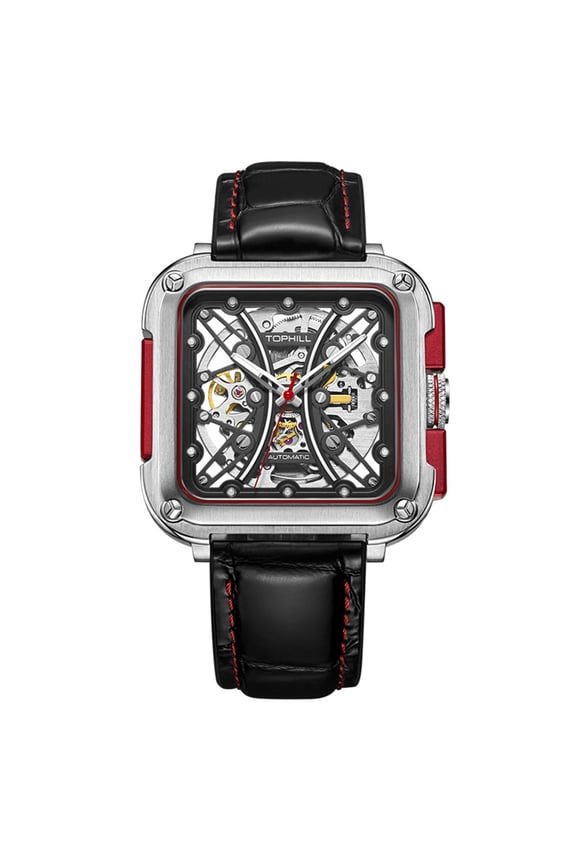 TOPHILL Skeleton Japanese Automatic Self-Winding Movement Vintage Men Mechanical Business Wrist Watch Steel Genuine Leather Sapphire Crystal Waterproof Hollow Clock Luminous