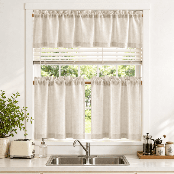 TOPICK 3 Piece Kitchen Curtain and Valance Set, 52"W x 24"L, Semi Sheer Textured Cafe Curtains with Rod Pocket, 2 Tier Panels and 1 Valance, Beige