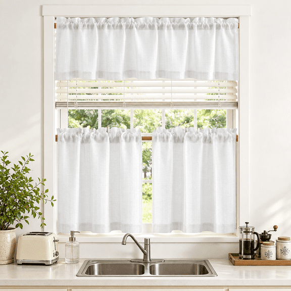 TOPICK 3 Piece Kitchen Curtain and Valance Set, 52"W x 24"L, Semi Sheer Textured Cafe Curtains with Rod Pocket, 2 Tier Panels and 1 Valance, White