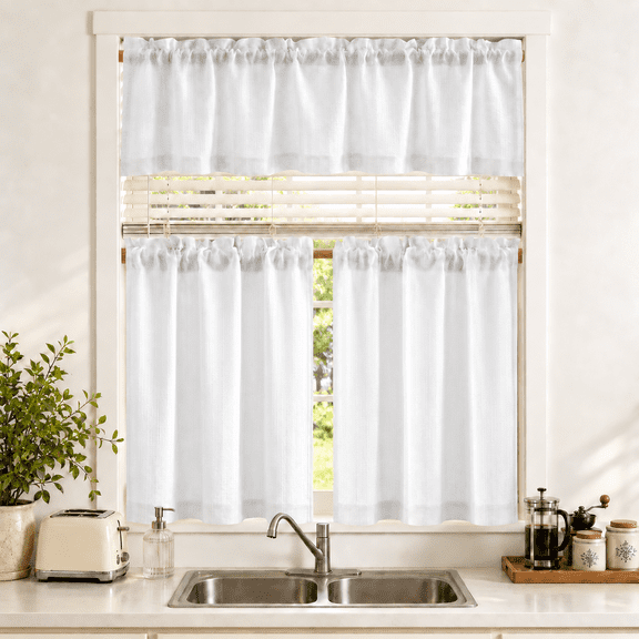 TOPICK 3 Piece Kitchen Curtain and Valance Set, 52"W x 36"L, Semi Sheer Textured Cafe Curtains with Rod Pocket, 2 Tier Panels and 1 Valance, White