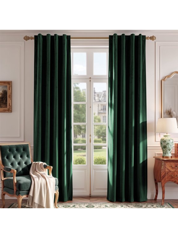 Blackout Emerald Green Velvet Curtains Thermal Insulated Back Tab Drapes for Living Room and Bedroom 40"W x 84"L, 2 Panels