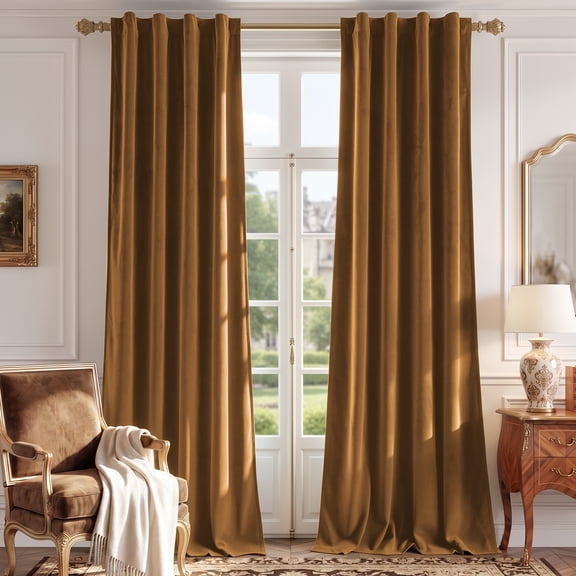 TOPICK Blackout Gold Brown Velvet Curtains Thermal Insulated Back Tab Drapes for Living Room and Bedroom 40"W x 96"L, 2 Panels