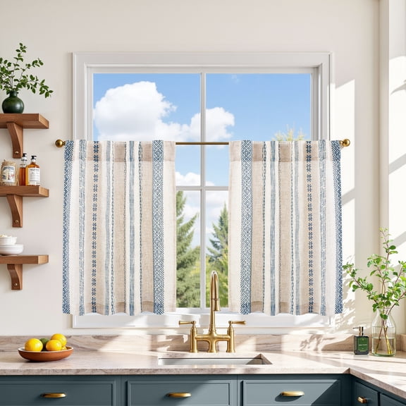 TOPICK Boho Kitchen Curtains 24 Inch Blue on Beige, Geometric Pattern Bohemian Cafe Curtains with Back Tab Light Filtering, Small Window Treatment for Living Room RV, 2 Panels
