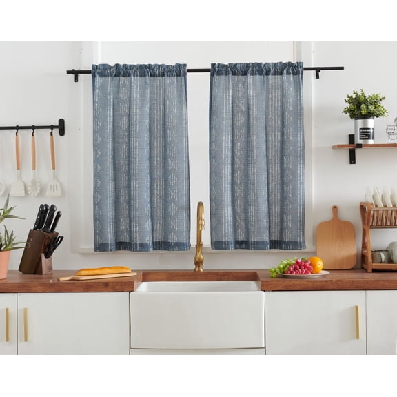 TOPICK Boho Linen Kitchen Curtains 26x24 Inch, Boho Blue Striped Farmhouse Cafe Curtains, Light Filtering Rod Pocket Small Curtains for Kitchen (Set of 2)