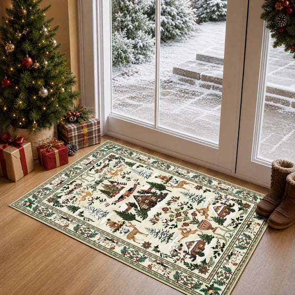 TOPICK Christmas Rug 2' x 3', Washable Non-Slip Xmas Doormat for Entryway, Soft Holiday Door Mat for Kitchen Bathroom Living Room, Beige