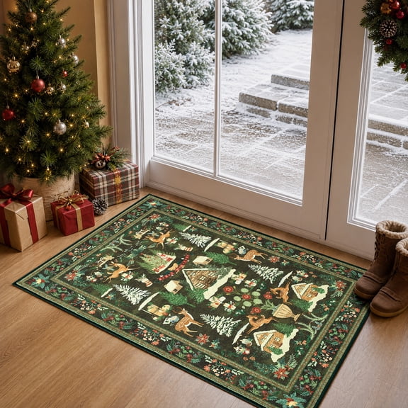 TOPICK Christmas Rug 2' x 3', Washable Non-Slip Xmas Doormat for Entryway, Soft Holiday Door Mat for Kitchen Bathroom Living Room, Green