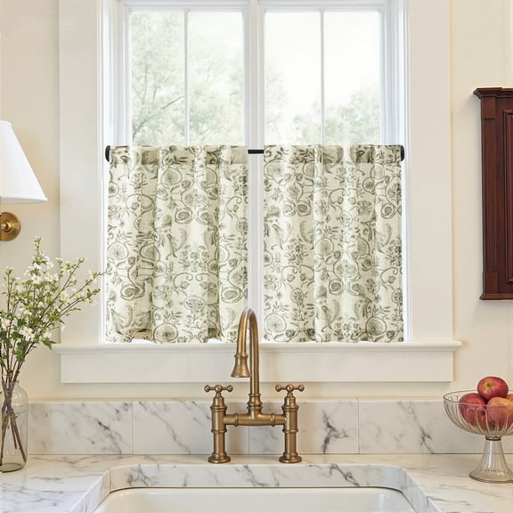 TOPICK Linen Floral Kitchen Curtains 26x24 Inch, Vintage Green Farmhouse Cottagecore Cafe Curtains with Back Tab, Light Filtering Small Window Drapes for Kitchen Bathroom Cafe, Set of 2