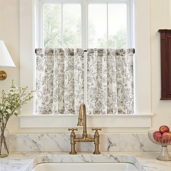 TOPICK Linen Floral Kitchen Curtains 26x24 Inch, Vintage Grey Farmhouse Cottagecore Cafe Curtains with Back Tab, Light Filtering Small Window Drapes for Kitchen Bathroom Cafe, Set of 2