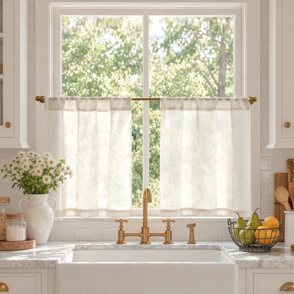 TOPICK 24 Inch Semi Sheer Kitchen Tier Curtains, Linen Textured Farmhouse Cafe Curtains, 26" W x 24" L, Cream White, 2 Panels
