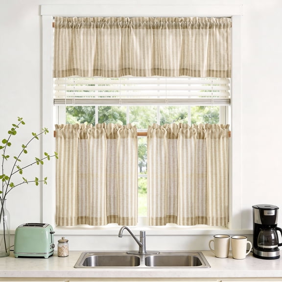 TOPICK Striped Kitchen Curtains and Valance Set 24 Inch Small Linen Curtains for Cafe Living Room Bathroom Farmhouse 3 Pieces Set Rod Pocket Beige