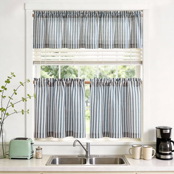 TOPICK Striped Kitchen Curtains and Valance Set 24 Inch Small Linen Curtains for Cafe Living Room Bathroom Farmhouse 3 Pieces Set Rod Pocket Blue