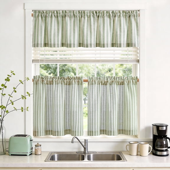 TOPICK Striped Kitchen Curtains and Valance Set 24 Inch Small Linen Curtains for Cafe Living Room Bathroom Farmhouse 3 Pieces Set Rod Pocket Green