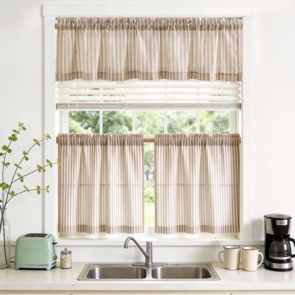 TOPICK Striped Kitchen Curtains and Valance Set 24 Inch Small Linen Curtains for Cafe Living Room Bathroom Farmhouse 3 Pieces Set Rod Pocket Taupe