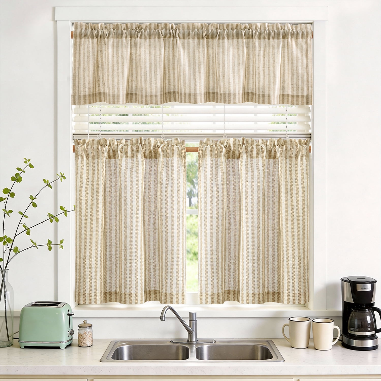 TOPICK Striped Kitchen Curtains and Valance Set 36 Inch Small Linen Curtains for Cafe Living Room Bathroom Farmhouse 3 Pieces Set Rod Pocket Beige