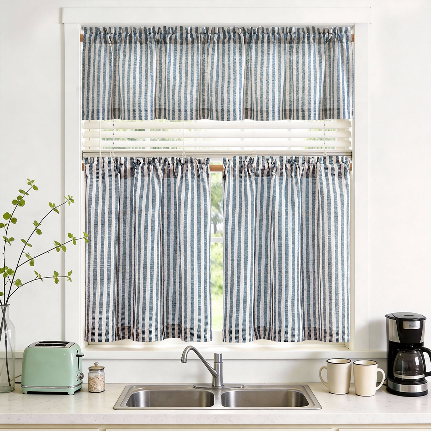 TOPICK Striped Kitchen Curtains and Valance Set 36 Inch Small Linen Curtains for Cafe Living Room Bathroom Farmhouse 3 Pieces Set Rod Pocket Blue