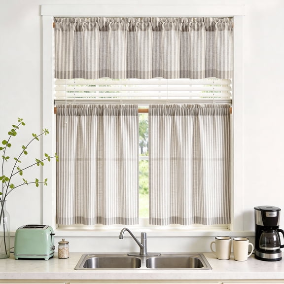 TOPICK Striped Kitchen Curtains and Valance Set 36 Inch Small Linen Curtains for Cafe Living Room Bathroom Farmhouse 3 Pieces Set Rod Pocket Gray