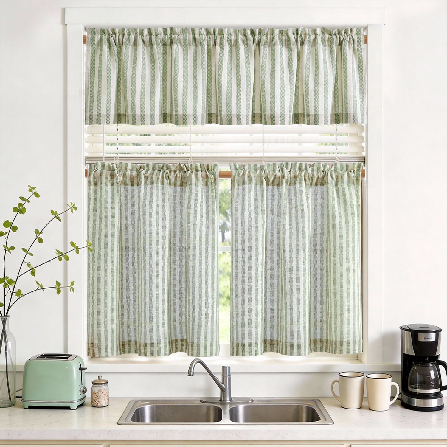 TOPICK Striped Kitchen Curtains and Valance Set 36 Inch Small Linen Curtains for Cafe Living Room Bathroom Farmhouse 3 Pieces Set Rod Pocket Green