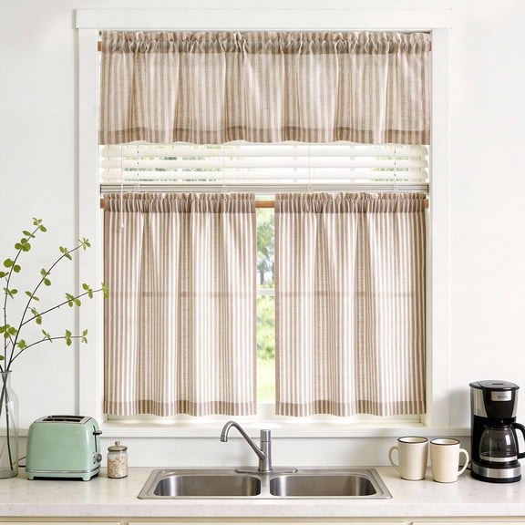 TOPICK Striped Kitchen Curtains and Valance Set 36 Inch Small Linen Curtains for Cafe Living Room Bathroom Farmhouse 3 Pieces Set Rod Pocket Taupe