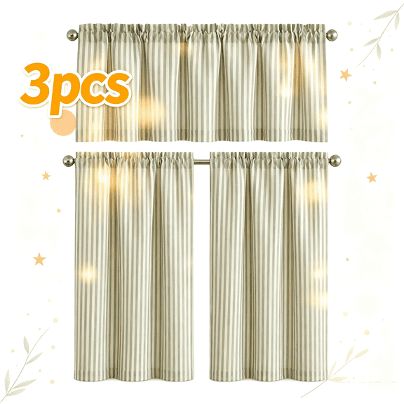 Striped Linen Kitchen Curtains Set, Light Filtering 3-Piece Rod Pocket Window Treatments for Cafe, Bathroom & Farmhouse Decor, 24 Inch