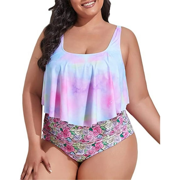 TOPIO Women Swimsuit Plus Size Swimsuit High Waisted Two Piece Flounce Bikini Swimwear