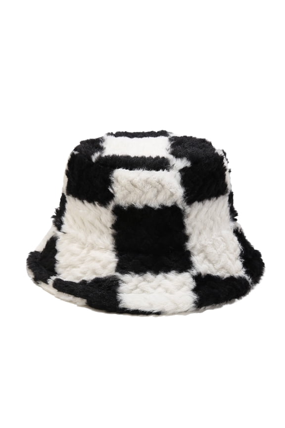 TOPITE Plaid Faux Fur Bucket Hat Fuzzy Fisherman Winter Hat for Women-Black