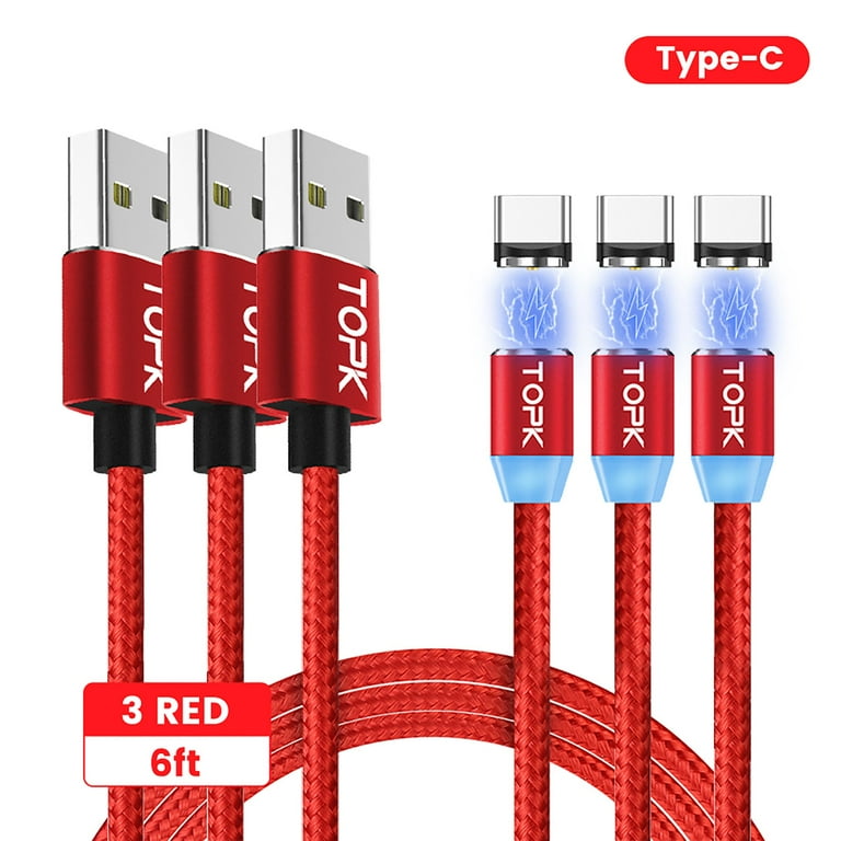 TOPK 6ft USB A to USB C Magnetic Charging Cable [3Pack] with LED