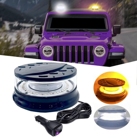 TOPKU 4.7" LED Emergency Beacon Strobe Light with 48 LEDs, Suction Cup Magnetic Base, 12-24V, 80W Power Supply, Brilliantly Bright and Compact (White and Amber)
