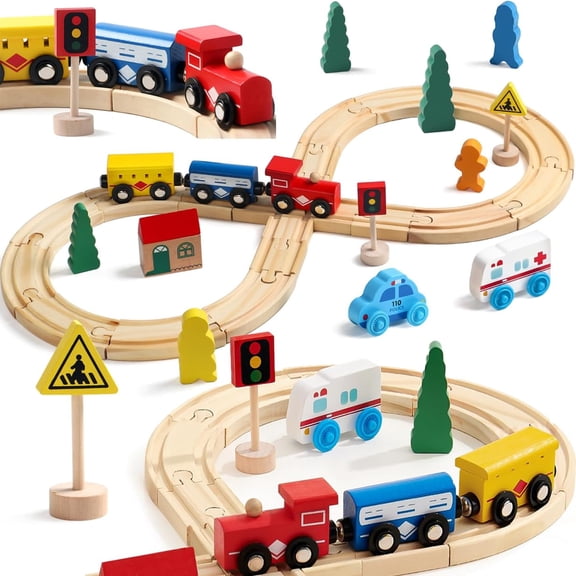 TOPLIVING Wooden Train Set - 33 Pieces Wooden Train Tracks for Kids, Toddler Boys and Girls 3,4,5 Years Old and Up - Premium Wood Toys - Fits Thomas, Brio, Melissa and Doug