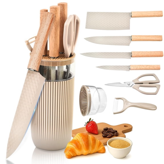 TOPLUCKY Knife Set, 7-Piece Kitchen Knife Set with Sharp Chef and Meat Knives, Anti-Rust Utility Knives Set for Kitchen, Kitchen Knife Block Set - Khaki Y101