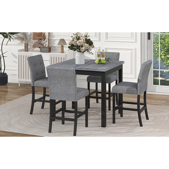 TOPMAX 5-Piece Counter Height Dining Set Wood Square Dining Room Table and Chairs Stools w/Footrest & 4 Upholstered high-back Chairs,Black
