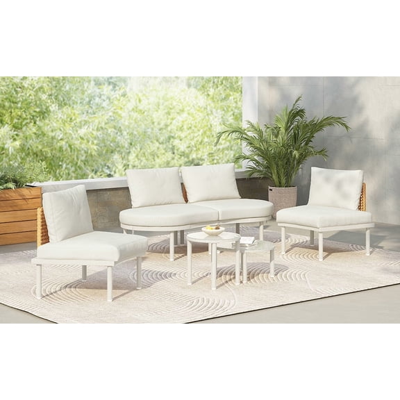 TOPMAX 6-Piece Beige Half Moon Patio Sofa Set: Modular Outdoor Sectional Furniture w/ 2 High-Low Rattan Coffee Tables, Aluminum Frame, Tempered Glass, Water-Resistant Cushions for Backyard & Poolside