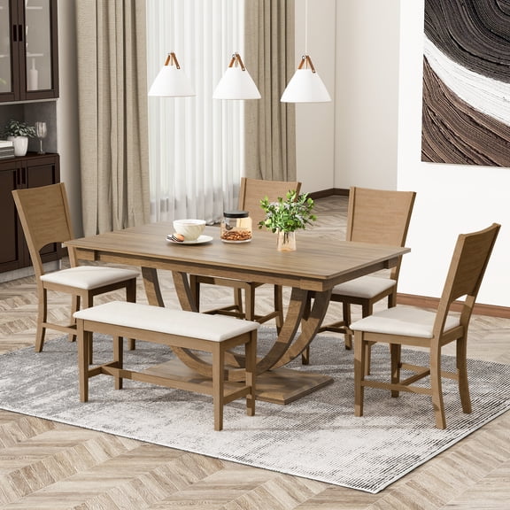 TOPMAX 6-Piece Wood Half Round Dining Table Set Kitchen Table Set with Long Bench and 4 Dining Chairs, Modern Style, Brown
