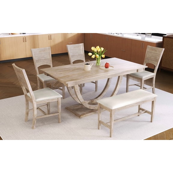 TOPMAX 6-Piece Wood Half Round Dining Table Set Kitchen Table Set with Long Bench and 4 Dining Chairs, Modern Style, Natural