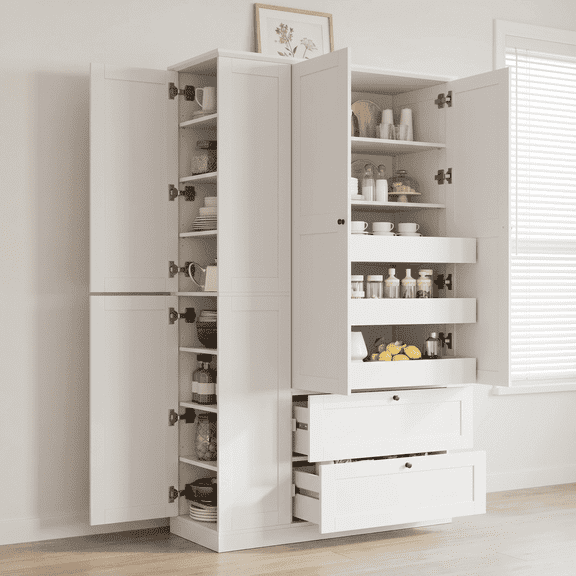 73.6" Tall Farmhouse Kitchen Pantry Cabinet with 8 Shelves, 2 Drawers, 3 Pull-Out Trays, 4 Doors and Side Cabinets for Kitchen & Dining Room, White