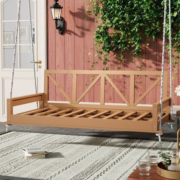TOPMAX Acacia Wood Twin Size Patio Swing Bed Modern Porch Swing Hanging Bed Frame with 16.4ft Hemp Ropes for Garden,Backyard,Natural