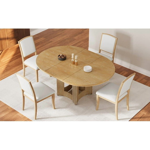 TOPMAX Farmhouse 5-Piece Round Extendable Dining Table Set for 4, Solid Rubberwood Kitchen Table with 16" Removable Leaf & Upholstered Chairs, Natural+Beige