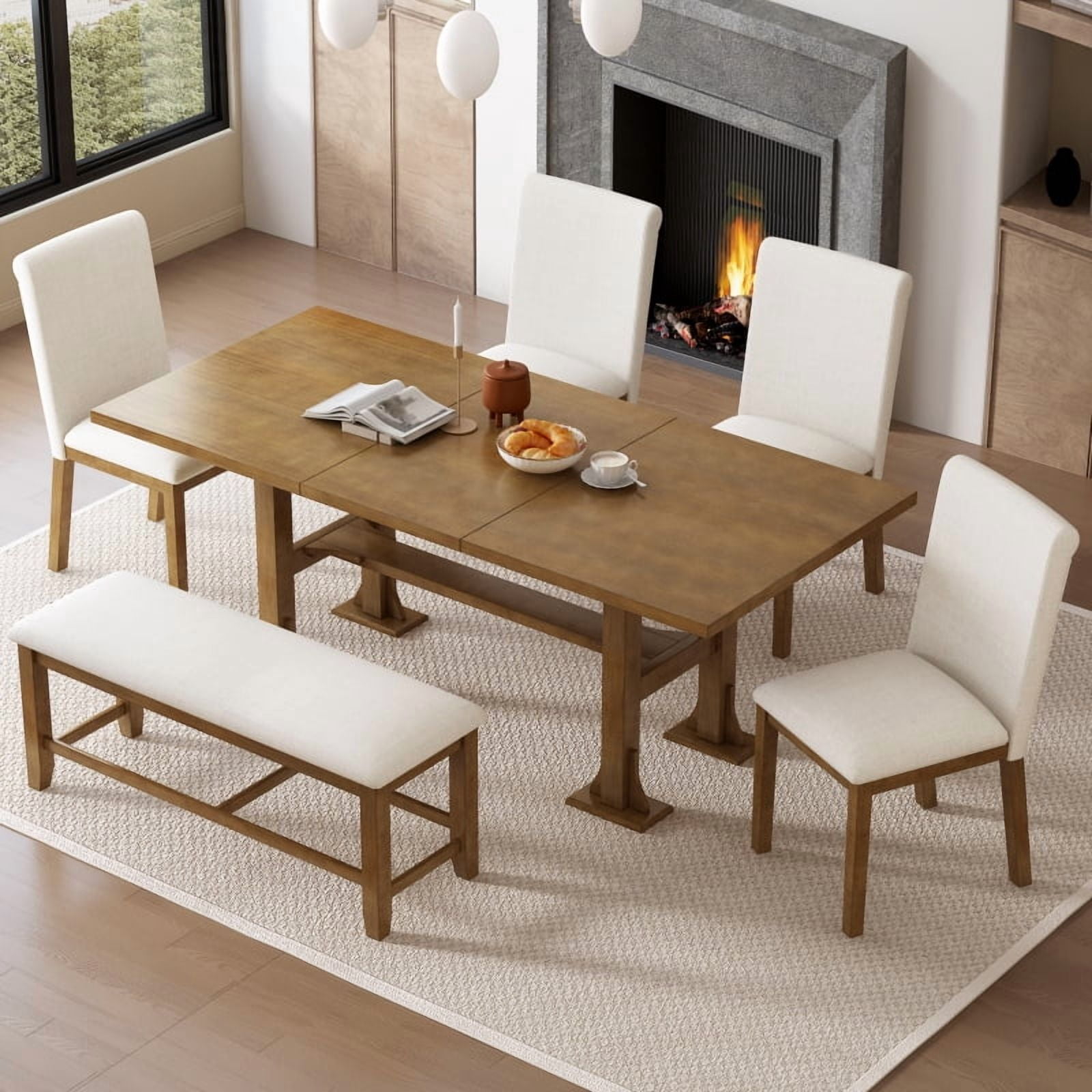 TOPMAX Farmhouse 76inch 6-Piece Extendable Dining Table Set Trestle ...